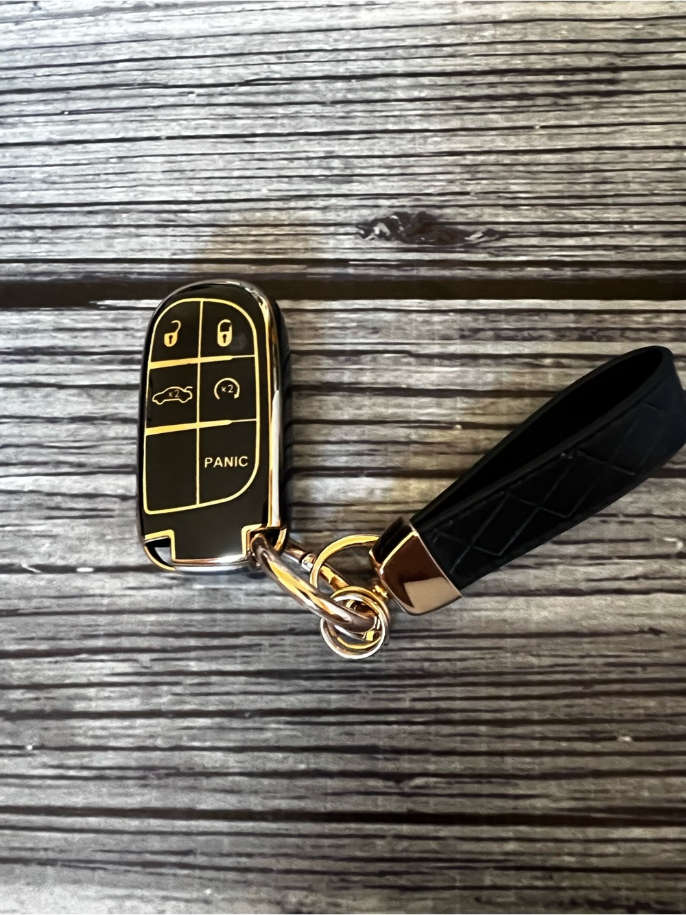 Black and Gold Car Key Fob Cover with Leather Wrist Strap